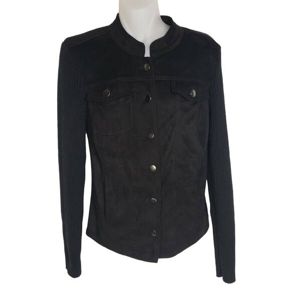 Ruff Hewn Women Jacket Medium M Faux Suede Knit Button Down Long Sleeve Black - Picture 1 of 10